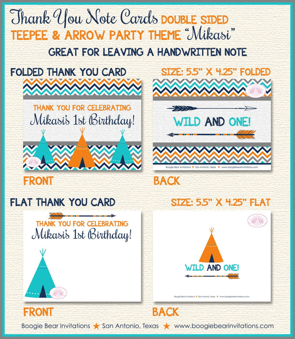 Teepee Arrow Thank You Card Birthday Party Chevron Teal Aqua Turquoise Orange Tipi Camping Tent Boogie Bear Invitations Mikasi Theme Printed