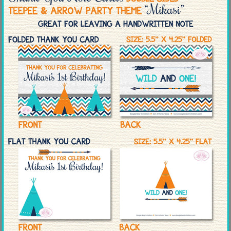 Teepee Arrow Thank You Card Birthday Party Chevron Teal Aqua Turquoise Orange Tipi Camping Tent Boogie Bear Invitations Mikasi Theme Printed
