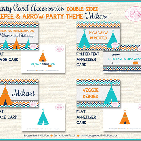 Teepee Birthday Favor Party Card Tent Place Food Tag Boy Girl Chevron Teal Aqua Turquoise Tipi Camping Boogie Bear Invitations Mikasi Theme