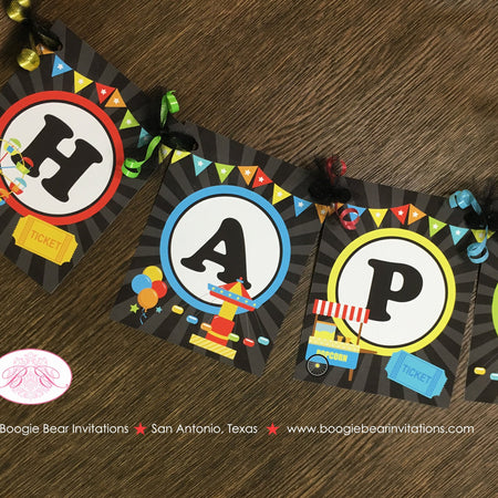 Amusement Park Happy Birthday Banner Boy Girl Red Yellow Green Blue Black 1st 2nd 3rd 4th 5th 6th 7th Boogie Bear Invitations Camillo Theme