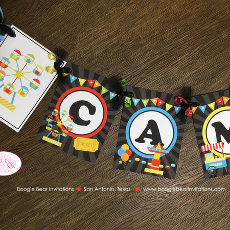Amusement Park Birthday Party Banner Girl Boy Red Yellow Green Blue Ferris Wheel Swing Ride Circus Kid Boogie Bear Invitations Camillo Theme
