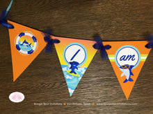 Load image into Gallery viewer, Surfer Shark Pennant I am 1 Banner Birthday Party Highchair Ocean Swimming Orange Blue Boy Girl 1st 2nd Boogie Bear Invitations Xander Theme