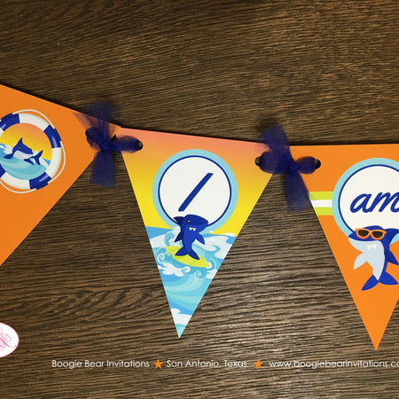 Surfer Shark Pennant I am 1 Banner Birthday Party Highchair Ocean Swimming Orange Blue Boy Girl 1st 2nd Boogie Bear Invitations Xander Theme
