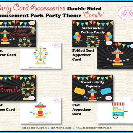 Amusement Park Birthday Party Favor Card Tent Place Appetizer Boy Girl Carnival Ride Carousel Boogie Bear Invitations Camillo Theme Printed