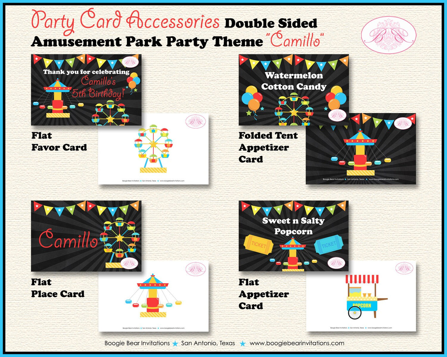 Amusement Park Birthday Party Favor Card Tent Place Appetizer Boy Girl Carnival Ride Carousel Boogie Bear Invitations Camillo Theme Printed