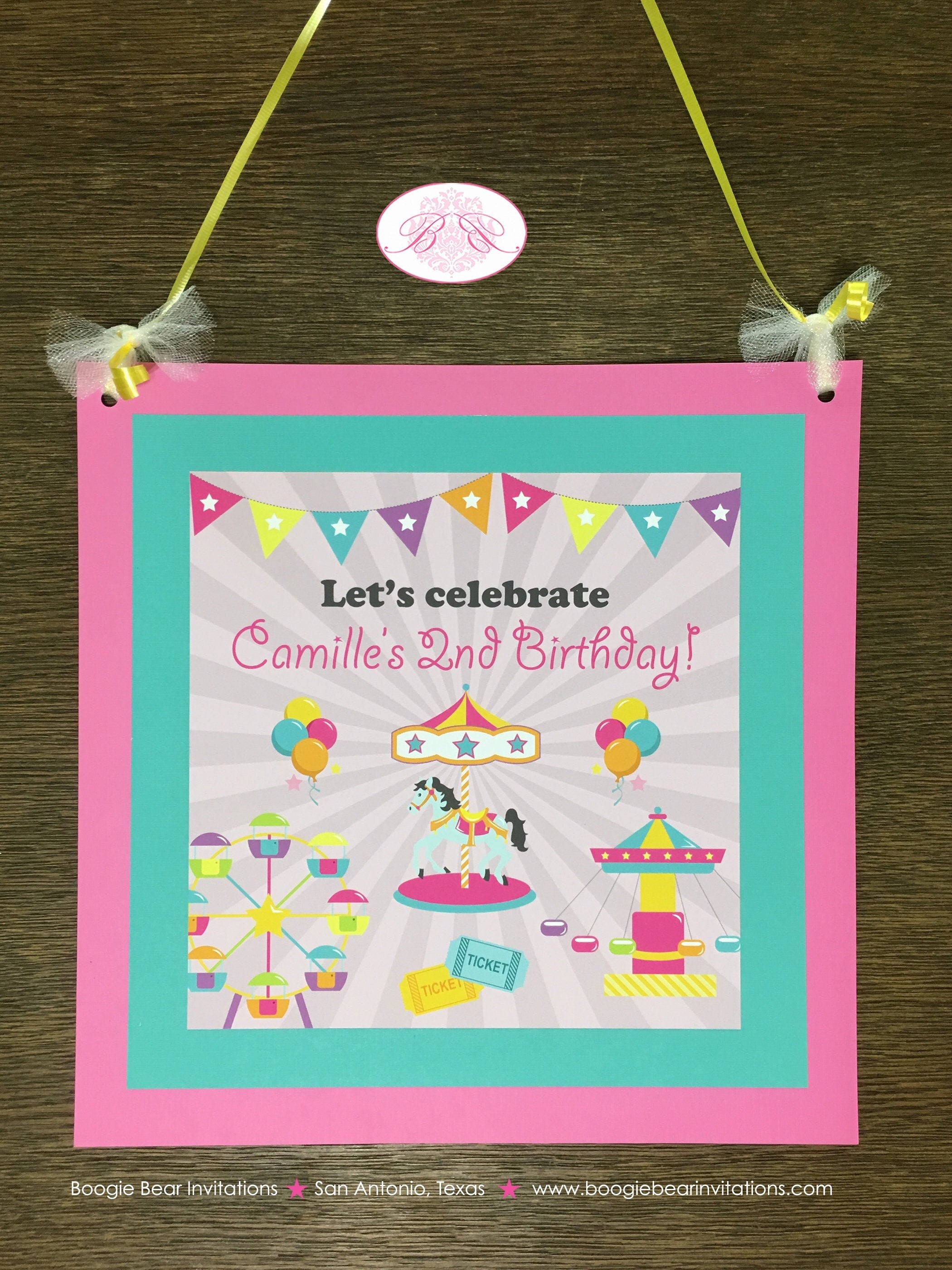 Amusement Park Birthday Party Door Banner Pink Girl Carnival Carousel Horse Ferris Wheel Ride Circus Boogie Bear Invitations Camille Theme