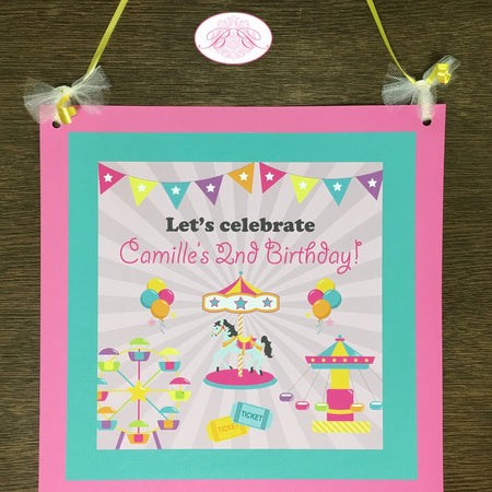 Amusement Park Birthday Party Door Banner Pink Girl Carnival Carousel Horse Ferris Wheel Ride Circus Boogie Bear Invitations Camille Theme
