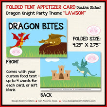 Load image into Gallery viewer, Dragon Knight Birthday Party Favor Card Tent Place Appetizer Food Boy Fire Breathing Armor Boogie Bear Invitations Lawson Theme Printed