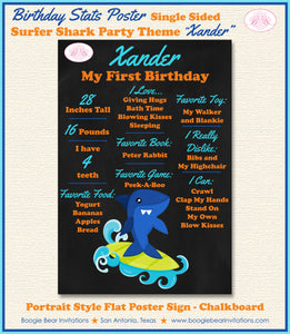 Surfer Shark Birthday Party Sign Stats Poster Frameable Chalkboard Milestone Pool Swimming Boy Girl 1st Boogie Bear Invitations Xander Theme