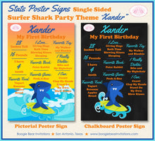 Load image into Gallery viewer, Surfer Shark Birthday Party Sign Stats Poster Frameable Chalkboard Milestone Pool Swimming Boy Girl 1st Boogie Bear Invitations Xander Theme