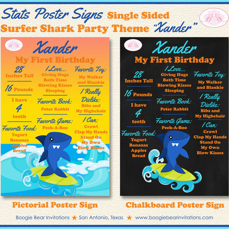 Surfer Shark Birthday Party Sign Stats Poster Frameable Chalkboard Milestone Pool Swimming Boy Girl 1st Boogie Bear Invitations Xander Theme