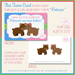 Twin Bear Baby Shower Party Favor Card Tent Place Appetizer Boy Girl Pink Blue Green Brown Boogie Bear Invitations Patricia Theme Printed