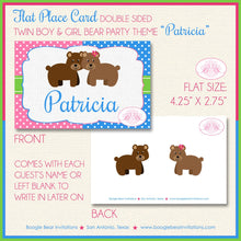 Load image into Gallery viewer, Twin Bear Baby Shower Party Favor Card Tent Place Appetizer Boy Girl Pink Blue Green Brown Boogie Bear Invitations Patricia Theme Printed