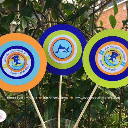 Surfer Shark Birthday Party Centerpiece Stick Ocean Beach Swimming Boy Girl Surfing Pool Surf Swim Wave Boogie Bear Invitations Xander Theme