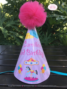 Amusement Park Birthday Party Hat Pom Honoree Carousel Carnival Girl Pink Blue Ferris Wheel Ride Swing Boogie Bear Invitations Camille Theme