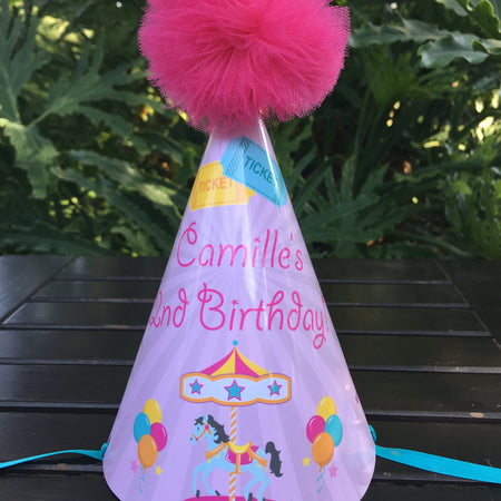 Amusement Park Birthday Party Hat Pom Honoree Carousel Carnival Girl Pink Blue Ferris Wheel Ride Swing Boogie Bear Invitations Camille Theme