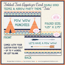 Load image into Gallery viewer, Teepee Birthday Favor Party Card Tent Place Food Tag Boy Girl Chevron Orange Navy Blue Green Tipi Camping Boogie Bear Invitations Tate Theme