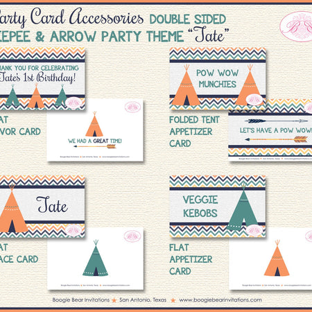 Teepee Birthday Favor Party Card Tent Place Food Tag Boy Girl Chevron Orange Navy Blue Green Tipi Camping Boogie Bear Invitations Tate Theme