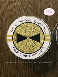 Mr Wonderful Birthday Party Treat Favor Tins Circle Candy Bow Tie Mustache Boy Onederful Black Gold 1st Boogie Bear Invitations Owen Theme