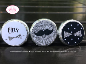 Mr Wonderful 1st Birthday Circle Stickers Candy Favor Mustache Bow Tie Boy Onederful Black Silver Party Boogie Bear Invitations Otis Theme