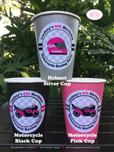 Load image into Gallery viewer, Pink Motorcycle Birthday Party Beverage Cups Paper Drink Girl Racing Enduro Race Track Bike Grand Prix Boogie Bear Invitations Lindsey Theme