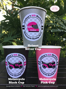 Pink Motorcycle Birthday Party Beverage Cups Paper Drink Girl Racing Enduro Race Track Bike Grand Prix Boogie Bear Invitations Lindsey Theme