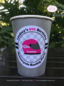 Pink Motorcycle Birthday Party Beverage Cups Paper Drink Girl Racing Enduro Race Track Bike Grand Prix Boogie Bear Invitations Lindsey Theme