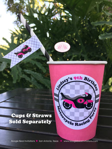 Pink Motorcycle Birthday Party Beverage Cups Paper Drink Girl Racing Enduro Race Track Bike Grand Prix Boogie Bear Invitations Lindsey Theme