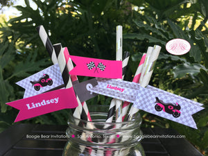 Pink Motorcycle Birthday Party Straws Pennant Paper Beverage Black Enduro Motocross Racing Race Track Boogie Bear Invitations Lindsey Theme