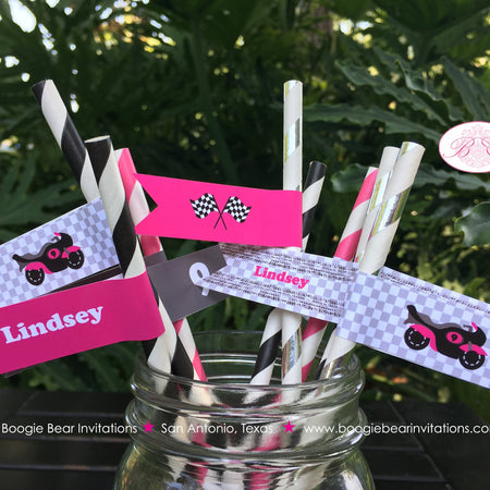 Pink Motorcycle Birthday Party Straws Pennant Paper Beverage Black Enduro Motocross Racing Race Track Boogie Bear Invitations Lindsey Theme