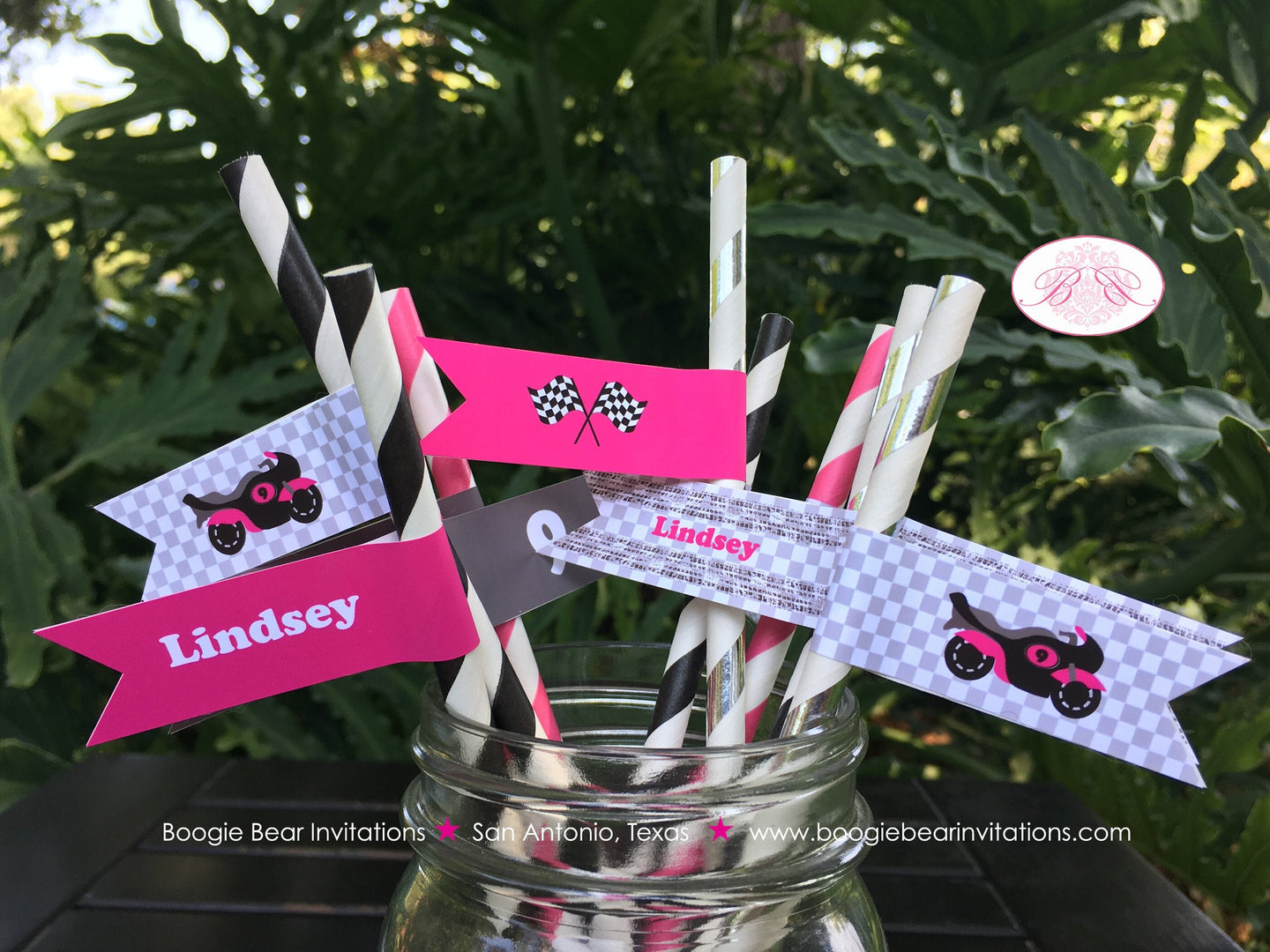 Pink Motorcycle Birthday Party Straws Pennant Paper Beverage Black Enduro Motocross Racing Race Track Boogie Bear Invitations Lindsey Theme