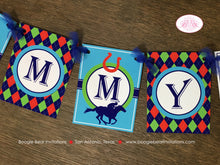 Load image into Gallery viewer, Horse Racing Birthday Party Banner Name Kentucky Derby Jockey Red Green Blue Quarter Cup Argyle Boy Girl Boogie Bear Invitations Tommy Theme
