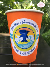 Load image into Gallery viewer, Surfer Shark Birthday Party Beverage Cups Paper Drink Birthday Pool Surf Blue Orange Swimming Surfing Boogie Bear Invitations Xander Theme