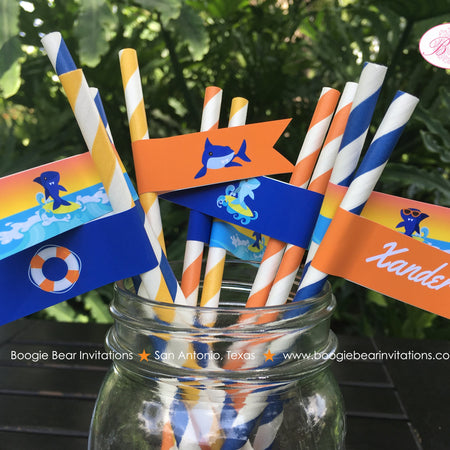 Surfer Shark Birthday Party Straws Pennant Paper Girl Boy Pool Swimming Swim Surfing Surf Splash Wave Boogie Bear Invitations Xander Theme