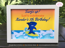 Load image into Gallery viewer, Surfer Shark Birthday Party Sign Poster Frameable Swimming Boy Girl Surf Surfing Swim Pool Ocean Beach Boogie Bear Invitations Xander Theme