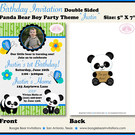 Panda Bear Birthday Party Invitation Photo Boy Blue Black Wild Zoo Animals Boogie Bear Invitations Justin Theme Paperless Printable Printed