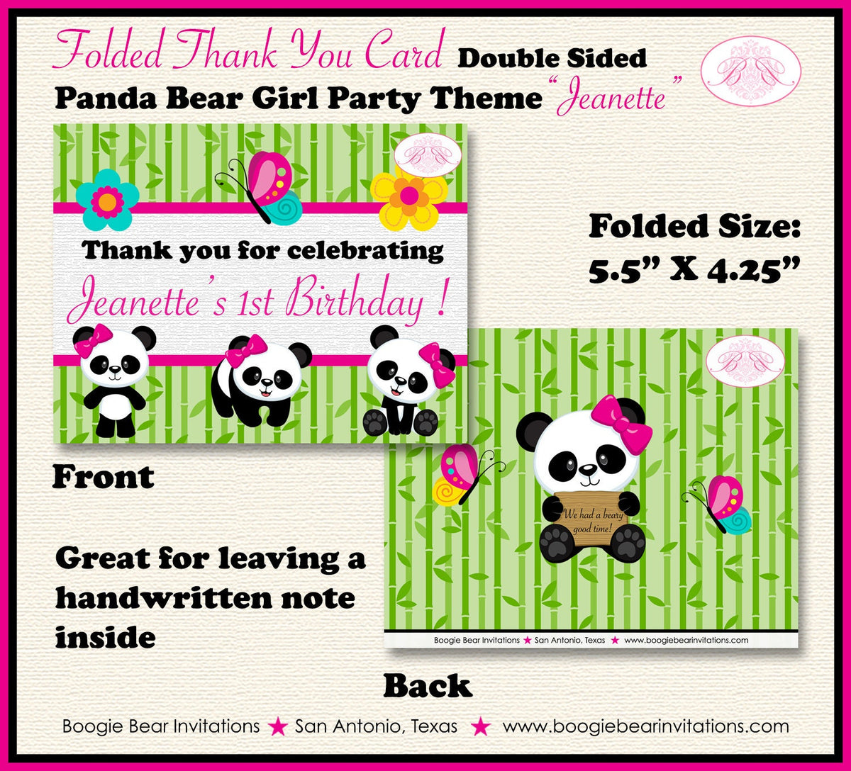 Panda Bear Birthday Party Thank You Card Girl Pink Black Green Butterf ...