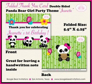 Panda Bear Birthday Party Thank You Card Girl Pink Black Green Butterfly Wild Zoo Animals Boogie Bear Invitations Jeanette Theme Printed