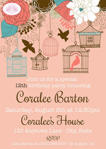 Garden Birds Birthday Party Invitation Coral Teal Blue Flowers Birdcage Cage Garden Picnic Outdoor Coralee Theme Paperless Printable Printed
