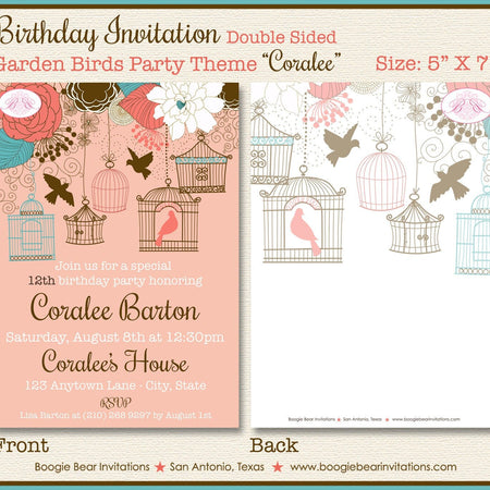 Garden Birds Birthday Party Invitation Coral Teal Blue Flowers Birdcage Cage Garden Picnic Outdoor Coralee Theme Paperless Printable Printed