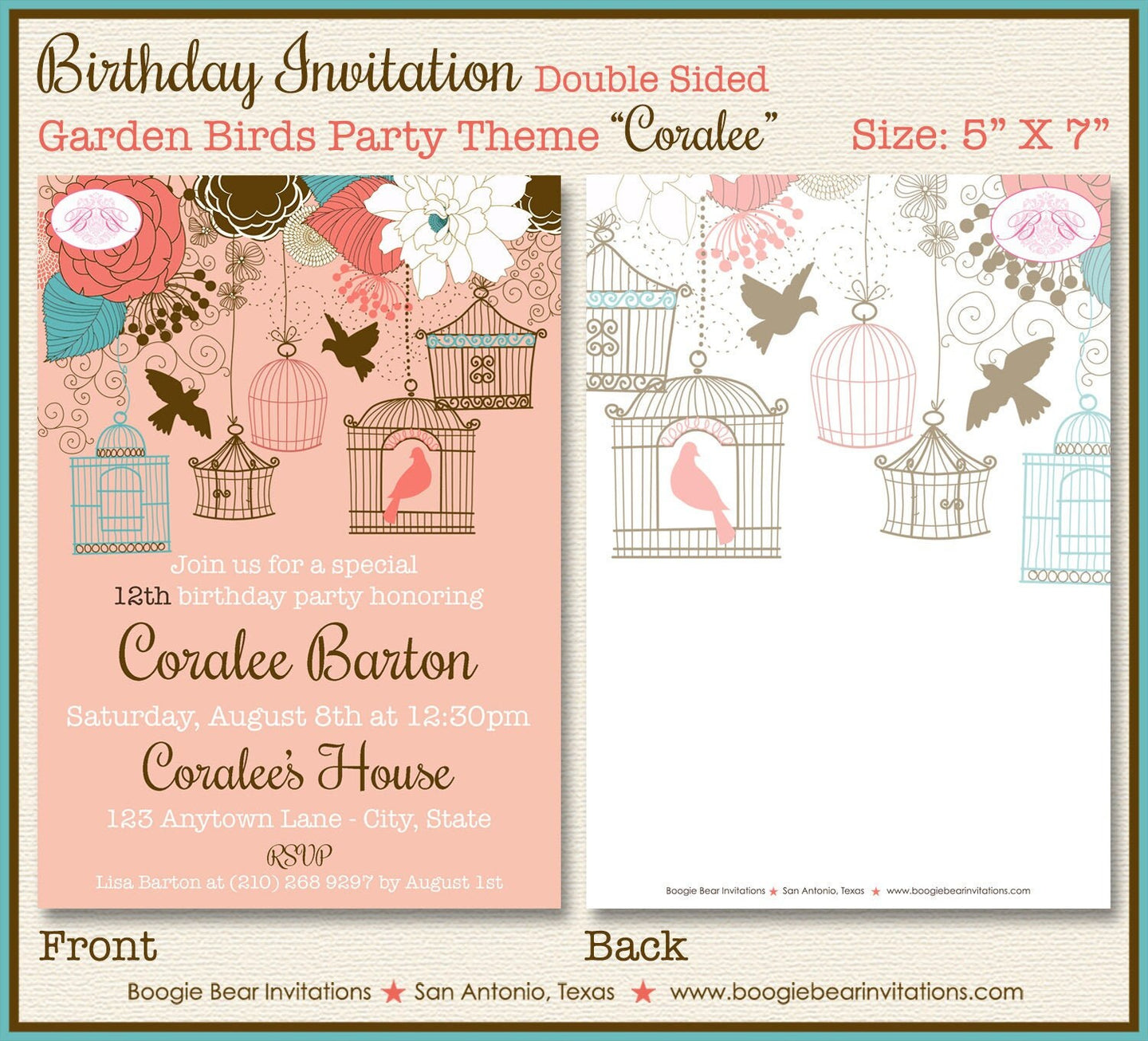 Garden Birds Birthday Party Invitation Coral Teal Blue Flowers Birdcage Cage Garden Picnic Outdoor Coralee Theme Paperless Printable Printed
