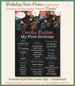 Garden Birds Birthday Party Sign Stats Poster Frameable Chalkboard Milestone Coral Teal Birdcage 1st Boogie Bear Invitations Coralee Theme