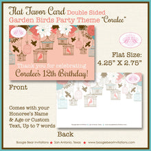 Load image into Gallery viewer, Garden Birds Birthday Party Favor Card Tent Appetizer Place Food Coral Teal Forest Flowers Birdcage Boogie Bear Invitations Coralee Theme