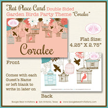 Load image into Gallery viewer, Garden Birds Birthday Party Favor Card Tent Appetizer Place Food Coral Teal Forest Flowers Birdcage Boogie Bear Invitations Coralee Theme