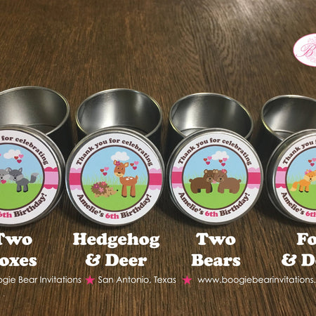 Valentines Day Woodland Birthday Party Treat Favor Tins Circle Gift Box Love Forest Red Pink Heart Love Boogie Bear Invitations Amelie Theme