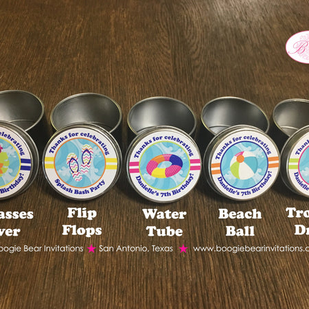 Splash Bash Birthday Party Treat Favor Tins Circle Gift Box Candy Girl Pool Swim Swimming Beach Ball Boogie Bear Invitations Danielle Theme