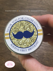 Mr Wonderful Birthday Party Treat Favor Tins Circle Candy Bow Tie Mustache Boy Onederful Blue Gold 1st Boogie Bear Invitations Auden Theme