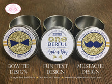 Load image into Gallery viewer, Mr Wonderful Birthday Party Treat Favor Tins Circle Candy Bow Tie Mustache Boy Onederful Blue Gold 1st Boogie Bear Invitations Auden Theme