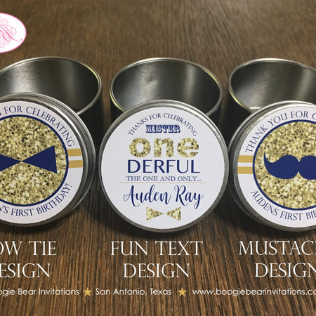 Mr Wonderful Birthday Party Treat Favor Tins Circle Candy Bow Tie Mustache Boy Onederful Blue Gold 1st Boogie Bear Invitations Auden Theme