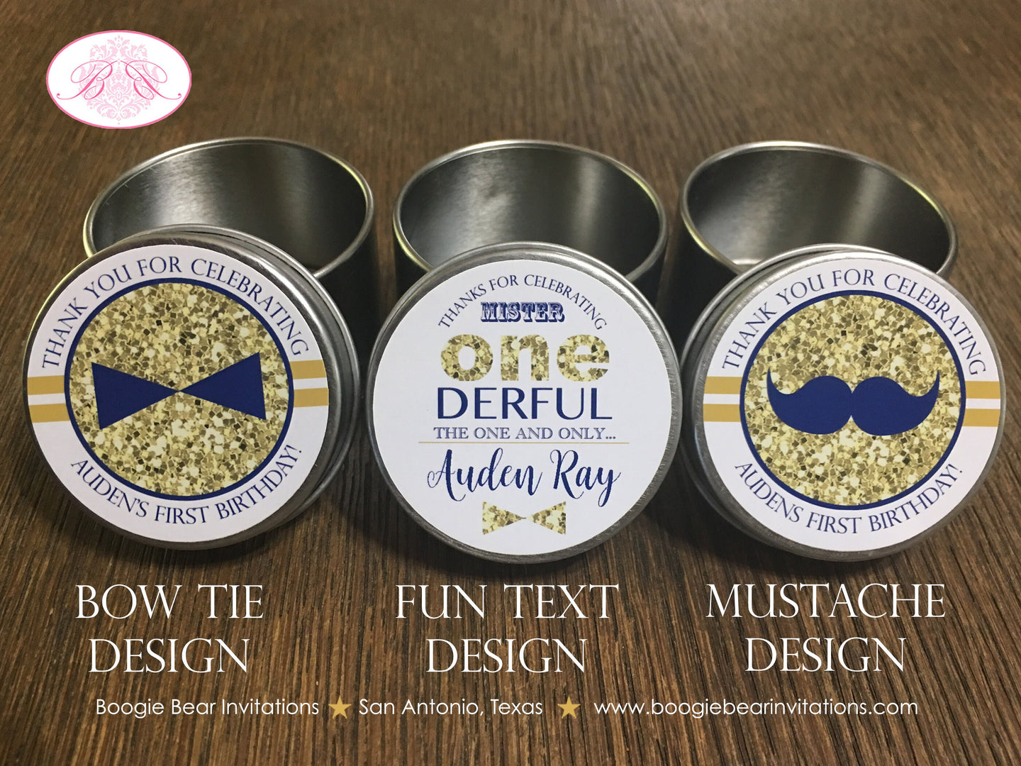 Mr Wonderful Birthday Party Treat Favor Tins Circle Candy Bow Tie Mustache Boy Onederful Blue Gold 1st Boogie Bear Invitations Auden Theme